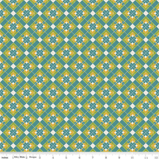 Image of the Covered Bridges in Spring Block on Point Aqua by Quilting Cotton Fabric. Features geometric flowers on a blue background. Cute Little Fabric Shop