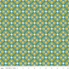 Image of the Covered Bridges in Spring Block on Point Aqua by Quilting Cotton Fabric. Features geometric flowers on a blue background. Cute Little Fabric Shop