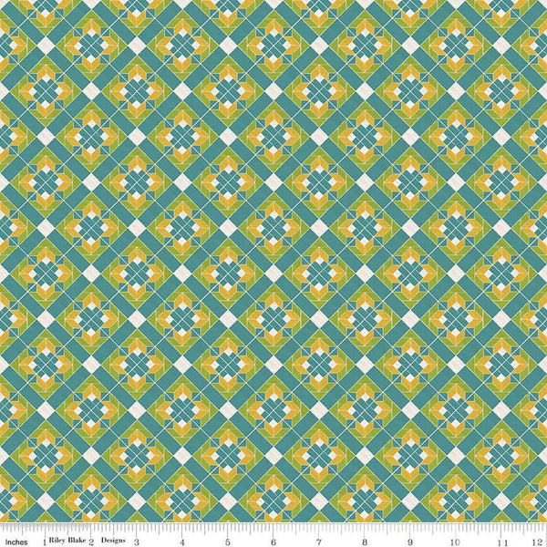 Image of the Covered Bridges in Spring Block on Point Aqua by Quilting Cotton Fabric. Features geometric flowers on a blue background. Cute Little Fabric Shop