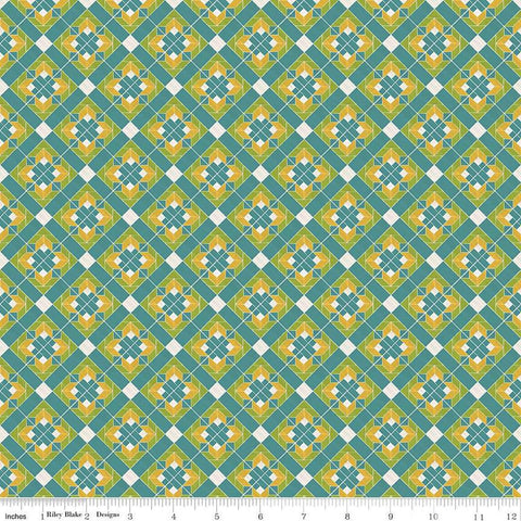 Image of the Covered Bridges in Spring Block on Point Aqua by Quilting Cotton Fabric. Features geometric flowers on a blue background. Cute Little Fabric Shop