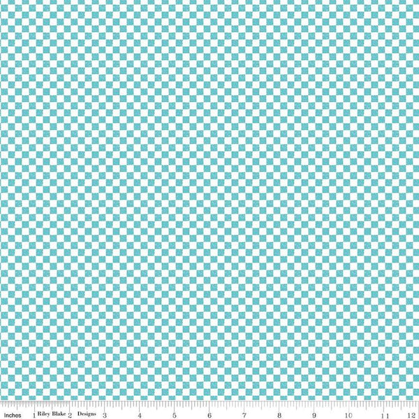 Image of the Check Please! 1/4 inch Check Peacock quilting cotton fabric by Riley Blake Designs. Features a small printed gingham checkered pattern with a blue checkered print. Cute Little Fabric Shop