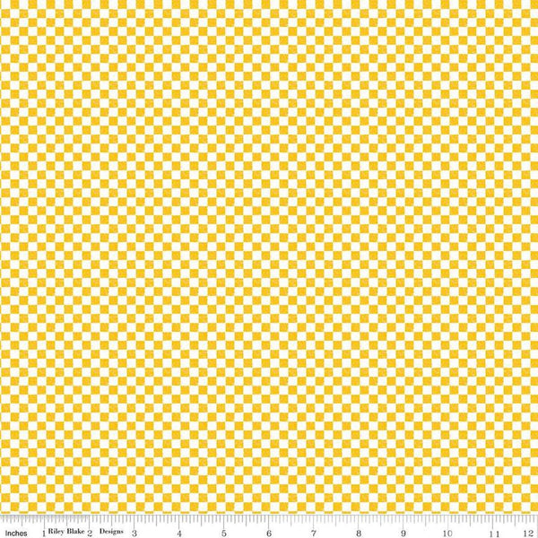 Image of the Check Please! 1/4 inch Check Mustard quilting cotton fabric by Riley Blake Designs. Features a small printed gingham checkered pattern with a yellow checkered print. Cute Little Fabric Shop