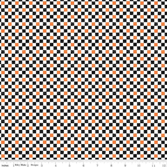Image of the Check Please! 1/4 inch Check Halloween quilting cotton fabric by Riley Blake Designs. Features a small printed gingham checkered pattern with a black and orange checkered print. Cute Little Fabric Shop