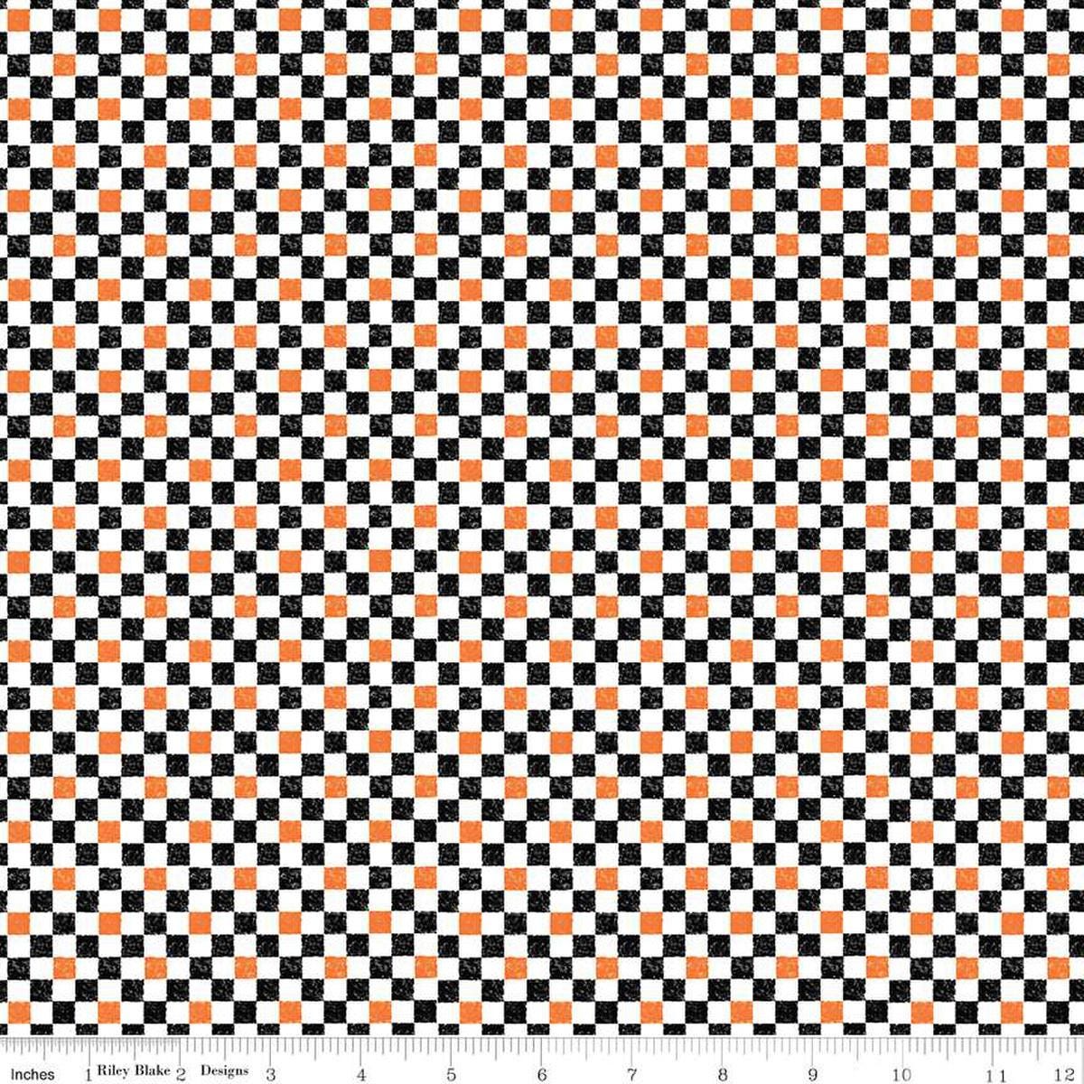 Image of the Check Please! 1/4 inch Check Halloween quilting cotton fabric by Riley Blake Designs. Features a small printed gingham checkered pattern with a black and orange checkered print. Cute Little Fabric Shop