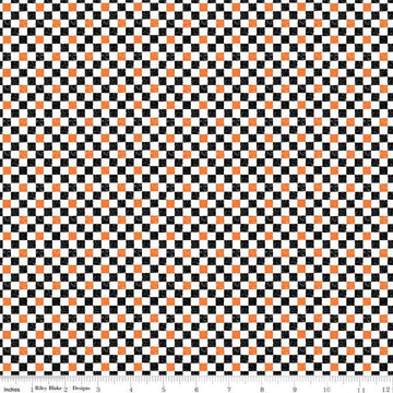 Image of the Check Please! 1/4 inch Check Halloween quilting cotton fabric by Riley Blake Designs. Features a small printed gingham checkered pattern with a black and orange checkered print. Cute Little Fabric Shop