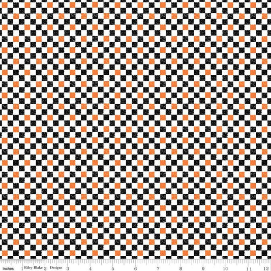 Image of the Check Please! 1/4 inch Check Halloween quilting cotton fabric by Riley Blake Designs. Features a small printed gingham checkered pattern with a black and orange checkered print. Cute Little Fabric Shop