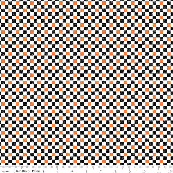 Image of the Check Please! 1/4 inch Check Halloween quilting cotton fabric by Riley Blake Designs. Features a small printed gingham checkered pattern with a black and orange checkered print. Cute Little Fabric Shop