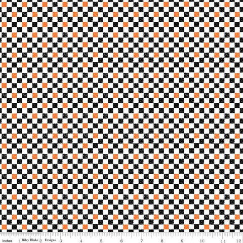 Image of the Check Please! 1/4 inch Check Halloween quilting cotton fabric by Riley Blake Designs. Features a small printed gingham checkered pattern with a black and orange checkered print. Cute Little Fabric Shop