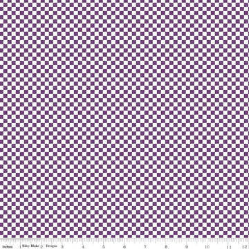 Image of the Check Please! 1/4 inch Check Eggplant quilting cotton fabric by Riley Blake Designs. Features a small printed gingham checkered pattern with purple. Cute Little Fabric Shop