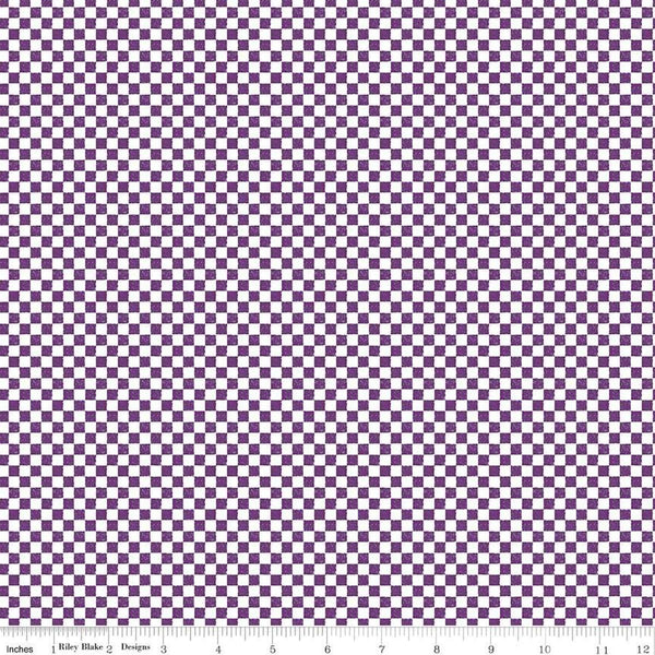 Image of the Check Please! 1/4 inch Check Eggplant quilting cotton fabric by Riley Blake Designs. Features a small printed gingham checkered pattern with purple. Cute Little Fabric Shop