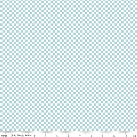 Image of the Check Please! 1/4 inch Check Aqua quilting cotton fabric by Riley Blake Designs. Features a small printed gingham checkered pattern with a blue checkered print. Cute Little Fabric Shop