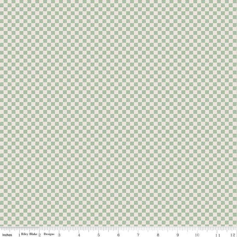 Image of the Check Please! 1/4 inch Check Sage quilting cotton fabric by Riley Blake Designs. Features a small printed gingham checkered pattern with green. Cute Little Fabric Shop