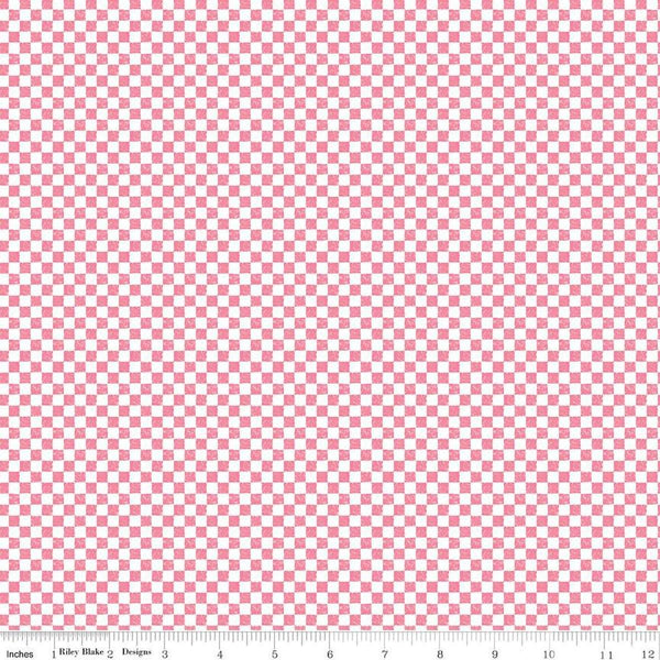 Image of the Check Please! 1/4 inch Check Sugar Pink. Features a small printed gingham checkered pattern with pink. Cute Little Fabric Shop