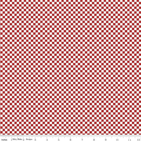 Image of the Check Please! 1/4 inch Check Barn Red quilting cotton fabric by Riley Blake Designs. Features a small printed gingham checkered pattern with red checkered print. Cute Little Fabric Shop