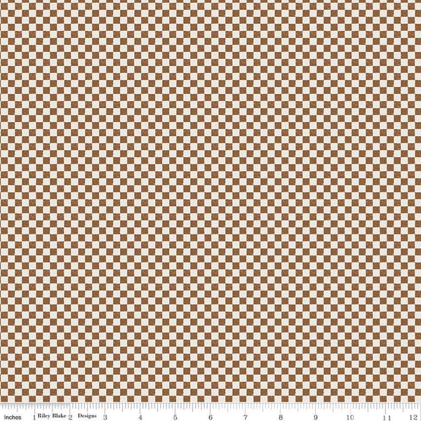 Image of the Check Please! 1/4 inch Check Teddy Bear quilting cotton fabric by Riley Blake Designs. Features a small printed gingham checkered pattern with brown. Cute Little Fabric Shop