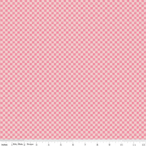 Image of the Check Please! 1/4 inch Check Sugar Pink quilting cotton fabric by Riley Blake Designs. Features a small printed gingham checkered pattern with a pink checkered print. Cute Little Fabric Shop