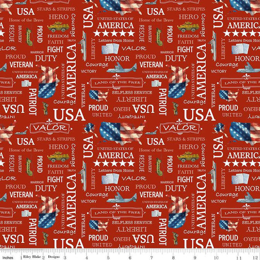 Image of the Letters From Home Text Red quilting cotton fabric by Riley Blake Designs. Features American themed prints on a red background. Cute Little Fabric Shop