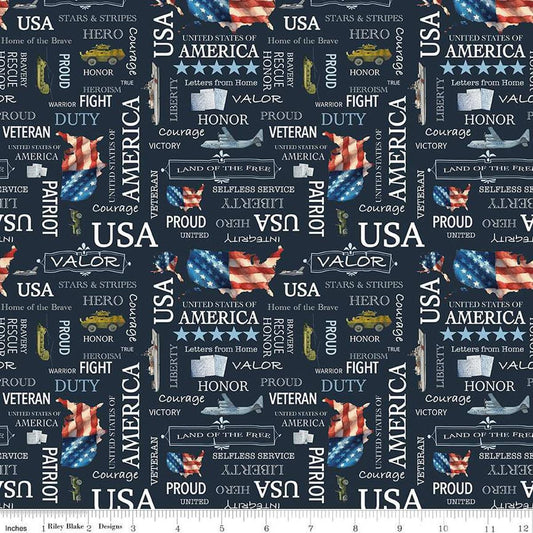Image of the Letters From Home Text Navy quilting cotton fabric by Riley Blake Designs. Features American themed prints on a navy background. Cute Little Fabric Shop