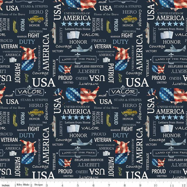 Image of the Letters From Home Text Navy quilting cotton fabric by Riley Blake Designs. Features American themed prints on a navy background. Cute Little Fabric Shop