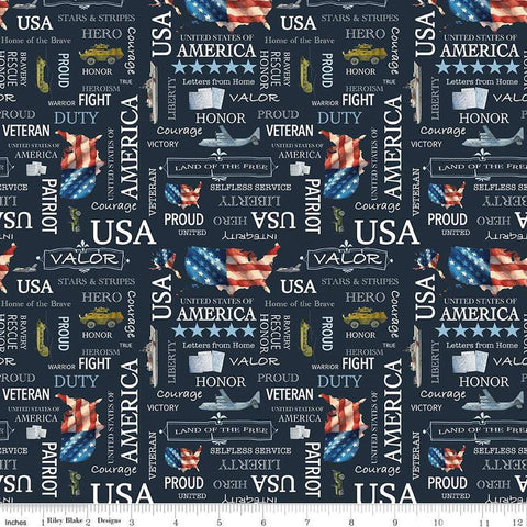 Image of the Letters From Home Text Navy quilting cotton fabric by Riley Blake Designs. Features American themed prints on a navy background. Cute Little Fabric Shop