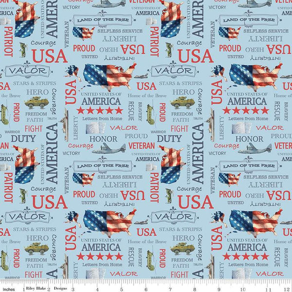 Image of the Letters From Home Text Blue quilting cotton fabric by Riley Blake Designs. Features American themed prints on a blue background. Cute Little Fabric Shop