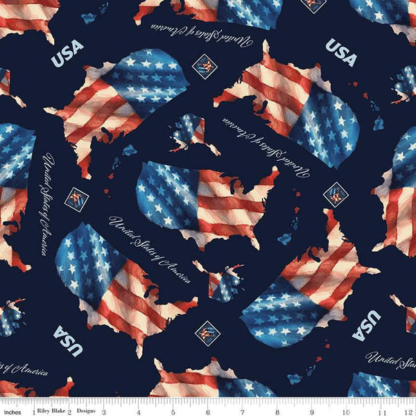 Image of the Letters From Home Navy quilting cotton fabric by Riley Blake Designs. Features american themed prints on a blue background. Cute Little Fabric Shop