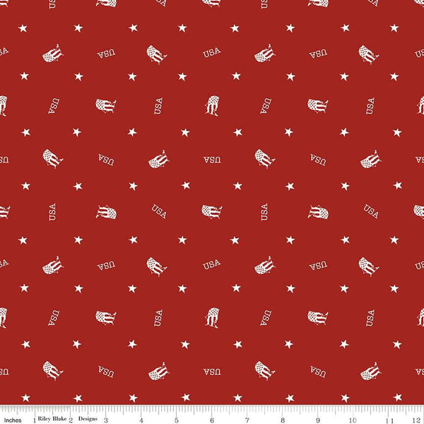 Image of the Letters From Home Toss Red quilting cotton fabric by Riley Blake Designs. Features american themed prints on a red background. Cute Little Fabric Shop