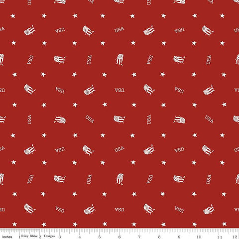 Image of the Letters From Home Toss Red quilting cotton fabric by Riley Blake Designs. Features american themed prints on a red background. Cute Little Fabric Shop