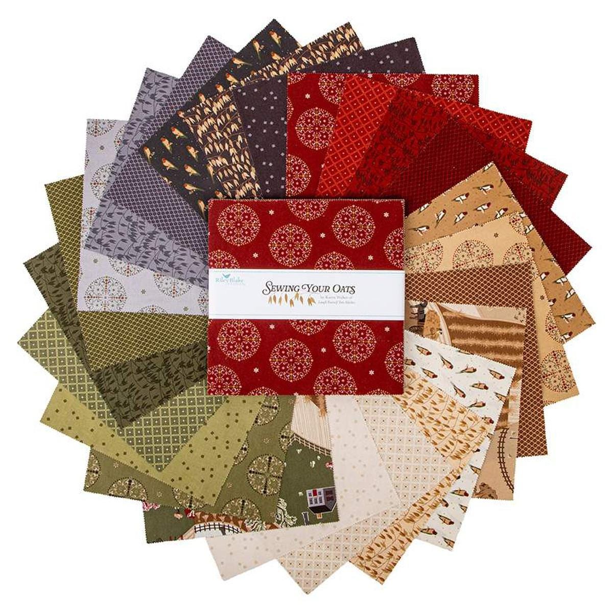 Image of the Sewing your Oats 10 Inch Stacker by Karen Walker for Riley Blake Designs. Features farm themed fabrics on various red, green, and gray backgrounds. 
Cute Little Fabric Shop