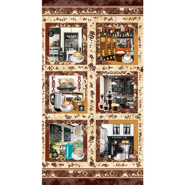 Image of the Corner Cafe quilting cotton fabric by Michael Miller fabrics. Features coffee pictures on a panel
Cute Little Fabric Shop