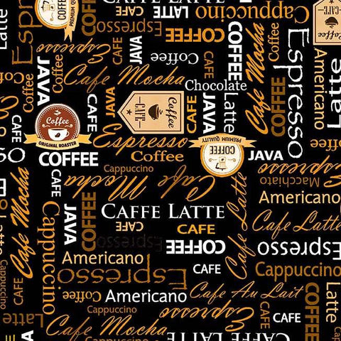 Image of the Espresso Yourself Coffee from A to Z quilting cotton fabric by Michael Miller. Features coffee related words on a black background. 
Cute Little Fabric Shop