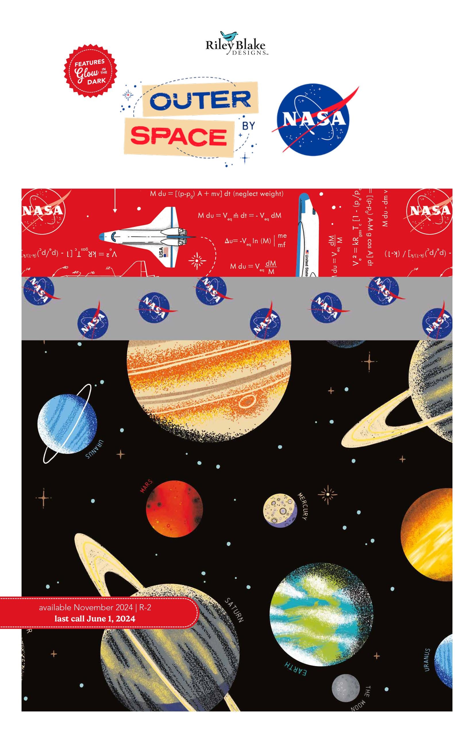 Image of the Outer Space by NASA Storyboard by NASA for Riley Blake Designs. Features space themed fabrics. 
Cute Little Fabric Shop