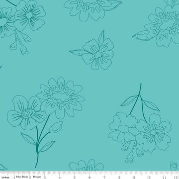 Image of the Wide Back Spring's in Town Peacock quilting cotton fabric by Sandy Gervais for Riley Blake Designs. Features flowers on an aqua background. 
Cute Little Fabric Shop