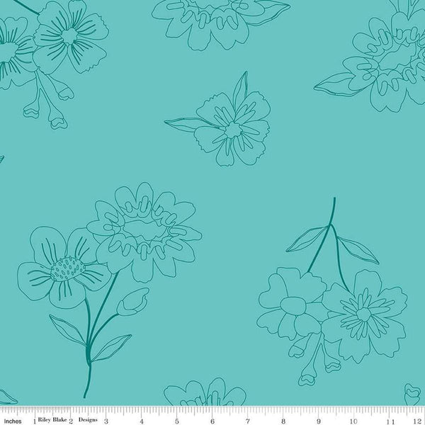 Image of the Wide Back Spring&#39;s in Town Peacock quilting cotton fabric by Sandy Gervais for Riley Blake Designs. Features flowers on an aqua background. 
Cute Little Fabric Shop