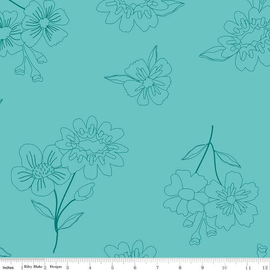 Image of the Wide Back Spring's in Town Peacock quilting cotton fabric by Sandy Gervais for Riley Blake Designs. Features flowers on an aqua background. 
Cute Little Fabric Shop