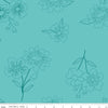 Image of the Wide Back Spring's in Town Peacock quilting cotton fabric by Sandy Gervais for Riley Blake Designs. Features flowers on an aqua background. 
Cute Little Fabric Shop
