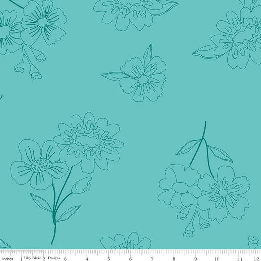 Image of the Wide Back Spring's in Town Peacock quilting cotton fabric by Sandy Gervais for Riley Blake Designs. Features flowers on an aqua background. 
Cute Little Fabric Shop