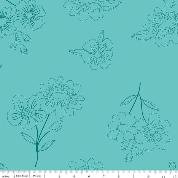 Image of the Wide Back Spring&#39;s in Town Peacock quilting cotton fabric by Sandy Gervais for Riley Blake Designs. Features flowers on an aqua background. 
Cute Little Fabric Shop