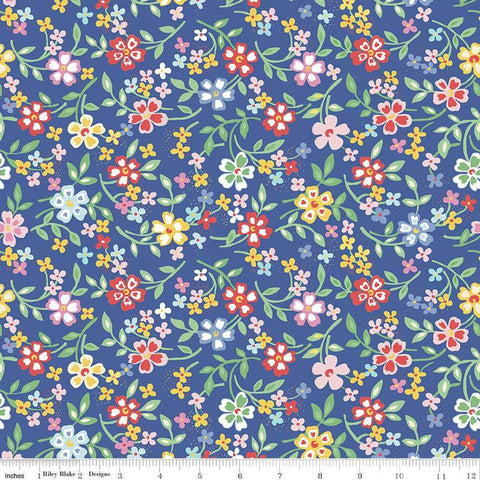 Image of the Wide Back Always in Season Blooming Bright Blue quilting cotton fabric by American Jane for Riley Blake Designs. Features a floral fabric on a blue background. 
Cute Little Fabric Shop