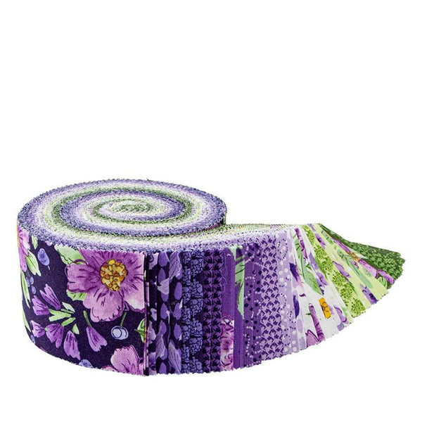 Image of the Plum Petals Rolie Polie by Diane Labombarbe for Riley Blake Designs. Features flowers on various backgrounds. 
Cute Little Fabric Shop