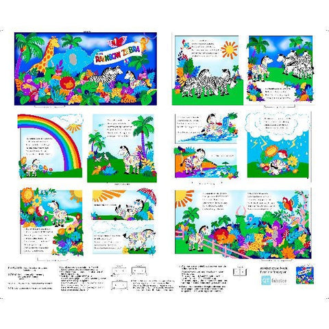 Image of the Fabric Books Rainbow Zebra Book Panel by QT Fabrics. Features examples of letters, numbers, and animals on a panel to make a fabric book. 
Cute Little Fabric Shop
