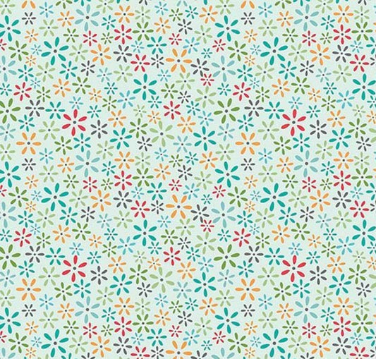 Image of the Farm Girl Vintage Tiny Floral Bleached Denim quilting cotton fabric by Lori Holt for Riley Blake Designs. Features a pattern of small flowers on a light blue background. 
Cute Little Fabric Shop