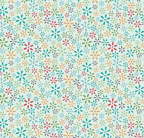 Image of the Farm Girl Vintage Tiny Floral Bleached Denim quilting cotton fabric by Lori Holt for Riley Blake Designs. Features a pattern of small flowers on a light blue background. 
Cute Little Fabric Shop