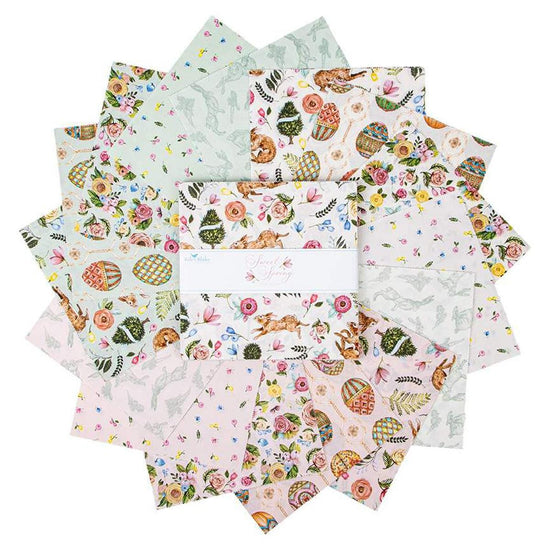 Image of the Sweet Spring 10 inch stacker by Hester & Cook for Riley Blake Designs. Features colorful easter fabric on various backgrounds. 
Cute Little Fabric Shop