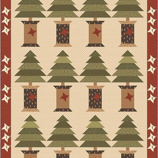 Image of the Noble Spools Quilt Boxed Kit by Karen Walker for Riley Blake Designs. Features Christmas trees with spools at the base. 
Cute Little Fabric Shop
