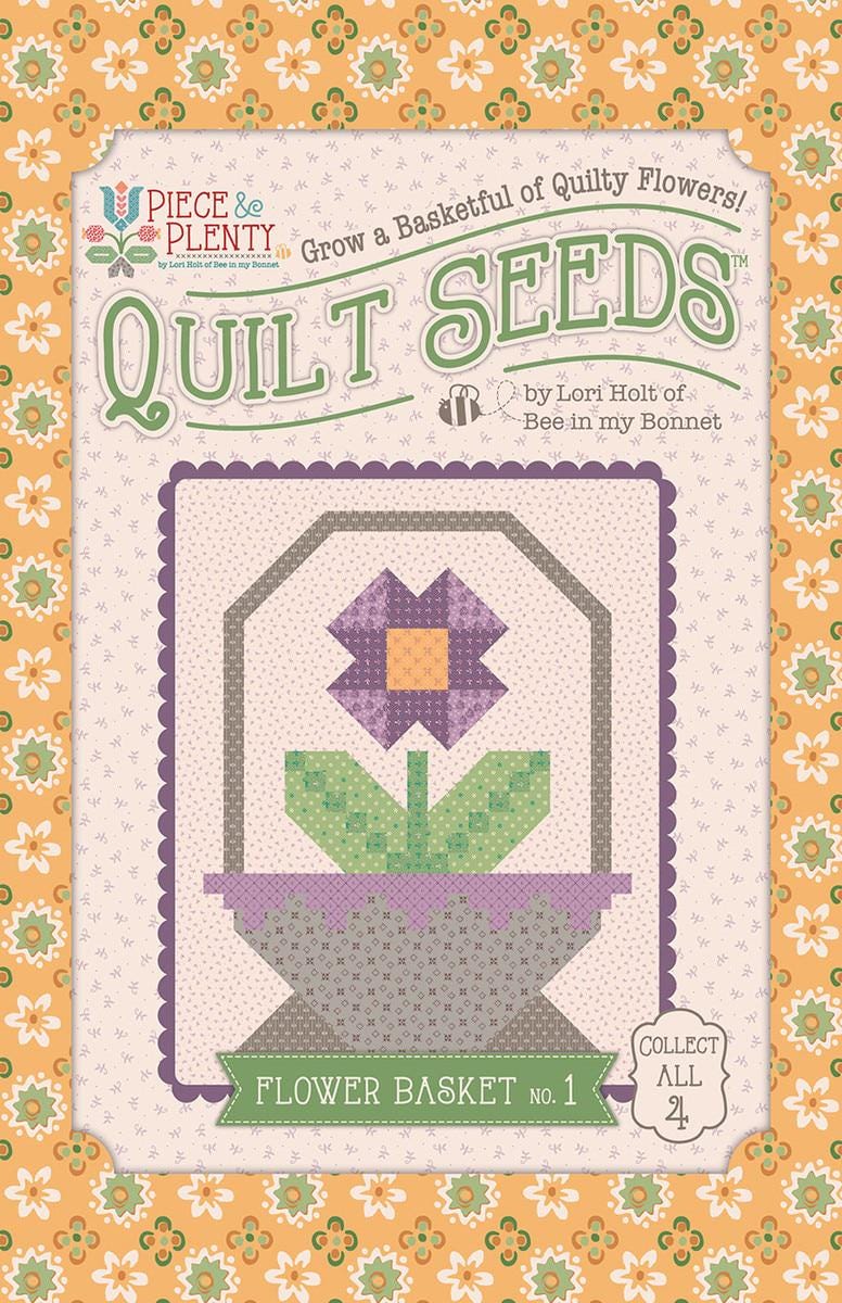 Image of the  Piece & Plenty Quilt Seeds™ Flower Basket No. 1 quilt pattern by Lori Holt for Riley Blake Designs. Features a purple flower on a quilt. 
Cute Little Fabric Shop