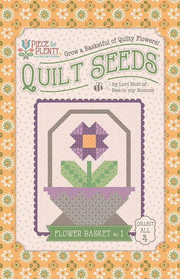 Image of the  Piece & Plenty Quilt Seeds™ Flower Basket No. 1 quilt pattern by Lori Holt for Riley Blake Designs. Features a purple flower on a quilt. 
Cute Little Fabric Shop