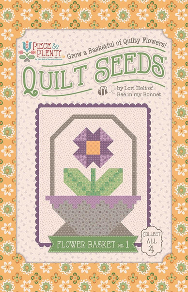 Image of the  Piece & Plenty Quilt Seeds™ Flower Basket No. 1 quilt pattern by Lori Holt for Riley Blake Designs. Features a purple flower on a quilt. 
Cute Little Fabric Shop