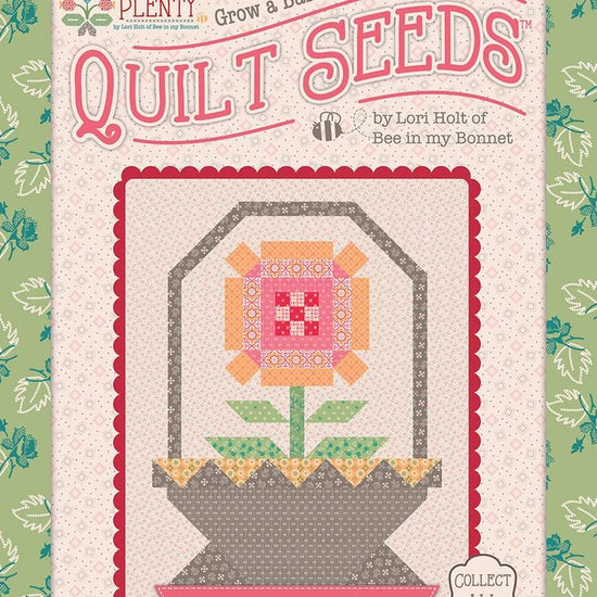 Image of the  Piece & Plenty Quilt Seeds™ Flower Basket No. 4 quilt pattern by Lori Holt for Riley Blake Designs. Features a pink flower on a quilt. 
Cute Little Fabric Shop