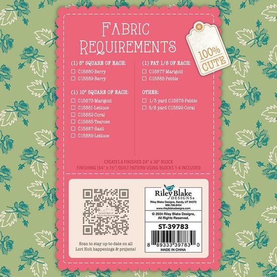 Image of the  Piece & Plenty Quilt Seeds™ Flower Basket No. 4 quilt pattern by Lori Holt for Riley Blake Designs. Features a pink flower on a quilt. 
Cute Little Fabric Shop